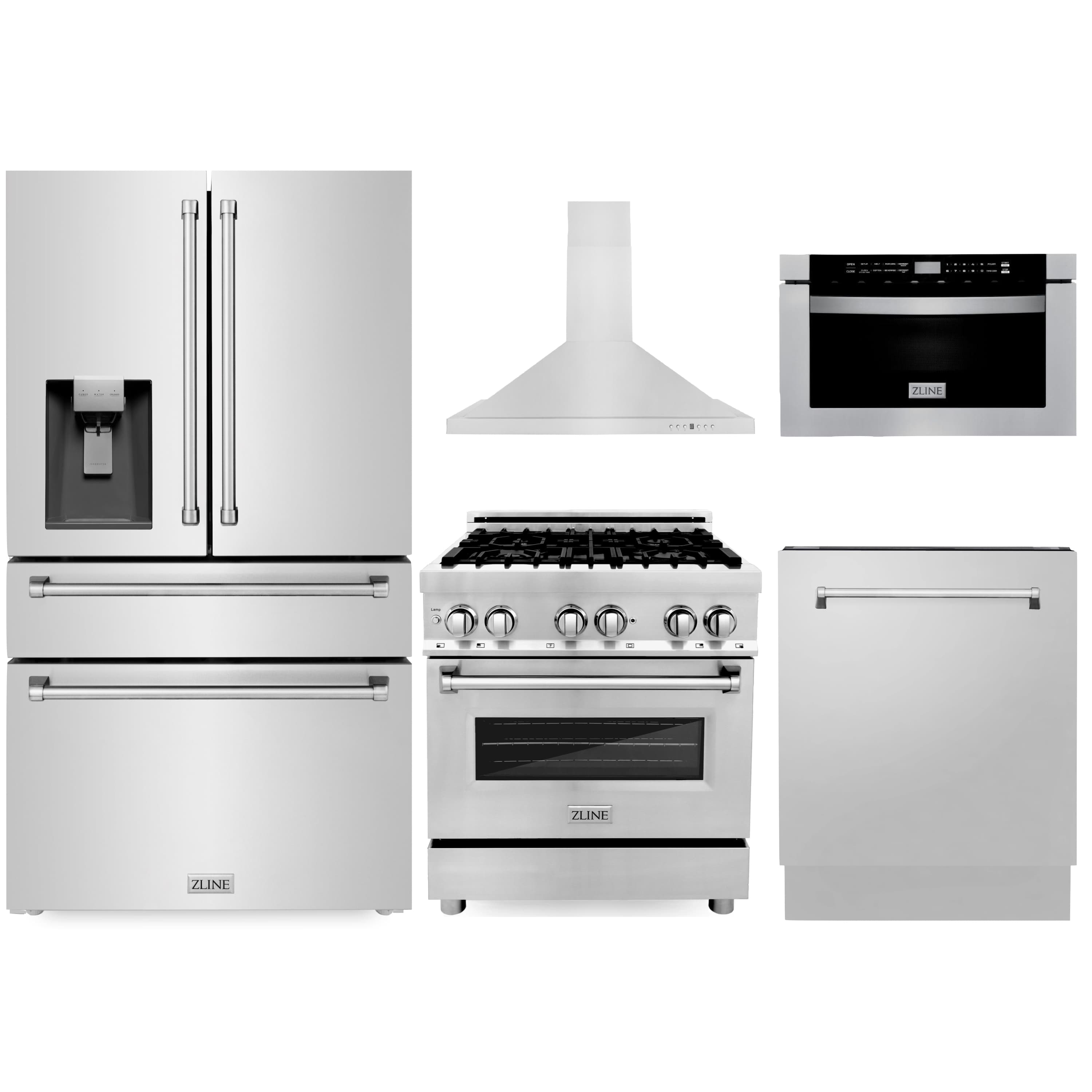 ZLINE 5-Piece Appliance Package - 30-Inch Dual Fuel Range, Refrigerator with Water Dispenser, Convertible Wall Mount Hood, Microwave Drawer, and 3-Rack Dishwasher in Stainless Steel (5KPRW-RARH30-MWDWV)