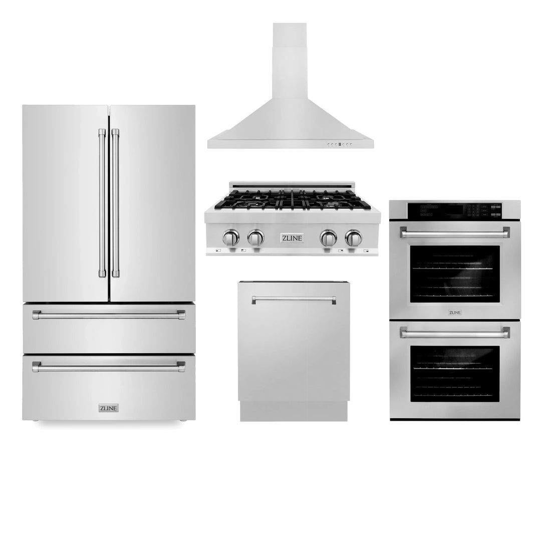 ZLINE 5-Piece Appliance Package - 30" Rangetop, 36" Refrigerator, 30" Electric Double Wall Oven, 3-Rack Dishwasher, and Convertible Wall Mount Hood in Stainless Steel (5KPR-RTRH30-AWDDWV)