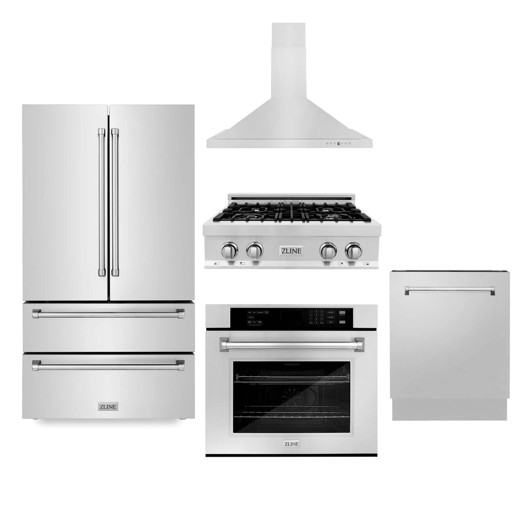 ZLINE 5-Piece Appliance Package - 30" Rangetop, 36" Refrigerator, 30" Electric Wall Oven, 3-Rack Dishwasher, and Convertible Wall Mount Hood in Stainless Steel (5KPR-RTRH30-AWSDWV)