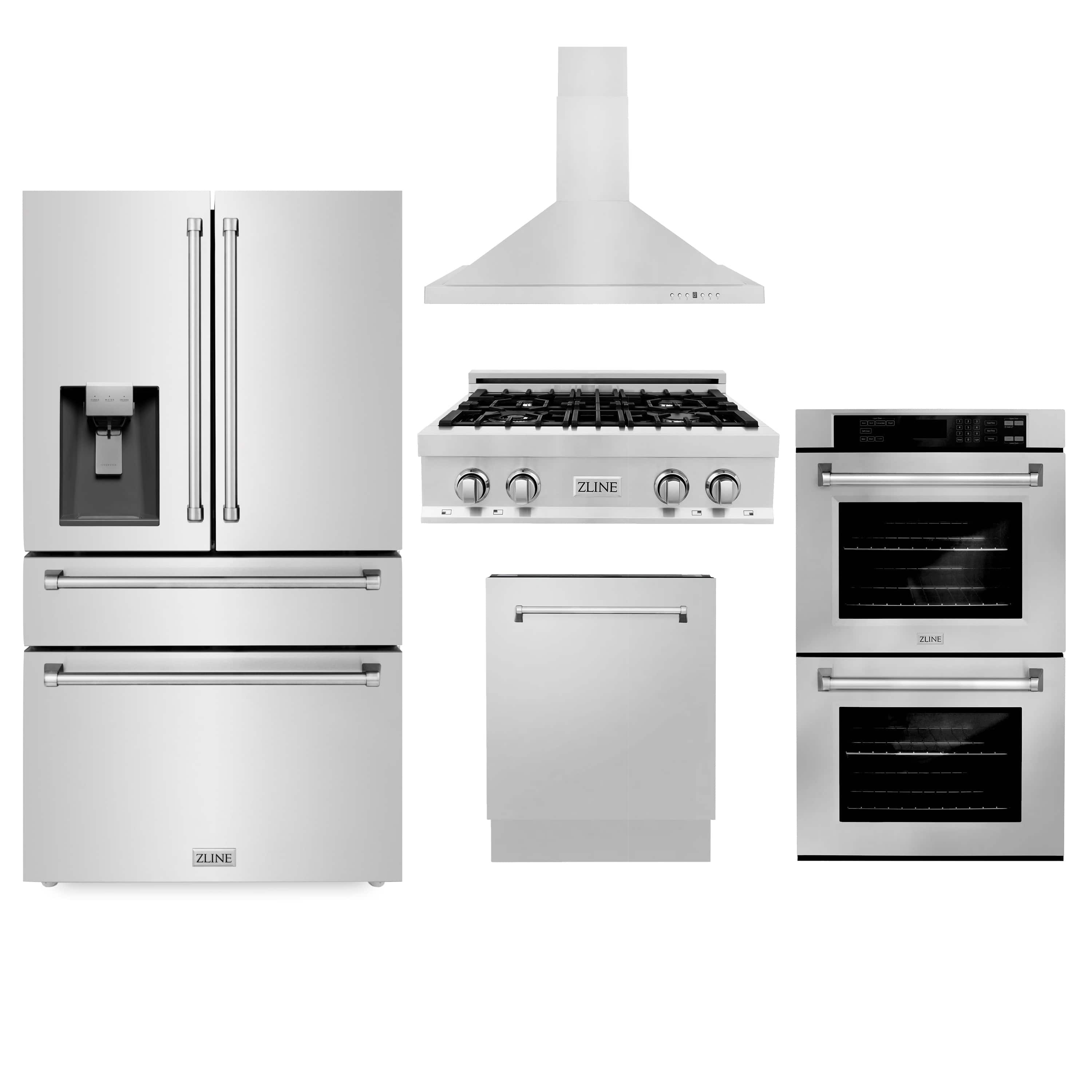 ZLINE 5-Piece Appliance Package - 30-Inch Rangetop, Refrigerator with Water Dispenser, 30-Inch Electric Double Wall Oven, 3-Rack Dishwasher, and Convertible Wall Mount Hood in Stainless Steel (5KPRW-RTRH30-AWDDWV)