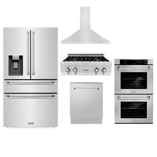 ZLINE 5-Piece Appliance Package - 30-Inch Rangetop, Refrigerator with Water Dispenser, 30-Inch Electric Double Wall Oven, 3-Rack Dishwasher, and Convertible Wall Mount Hood in Stainless Steel (5KPRW-RTRH30-AWDDWV)