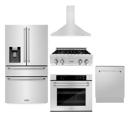 ZLINE 5-Piece Appliance Package - 30-Inch Rangetop, Refrigerator with Water Dispenser, 30-Inch Electric Wall Oven, 3-Rack Dishwasher, and Convertible Wall Mount Hood in Stainless Steel (5KPRW-RTRH30-AWSDWV)