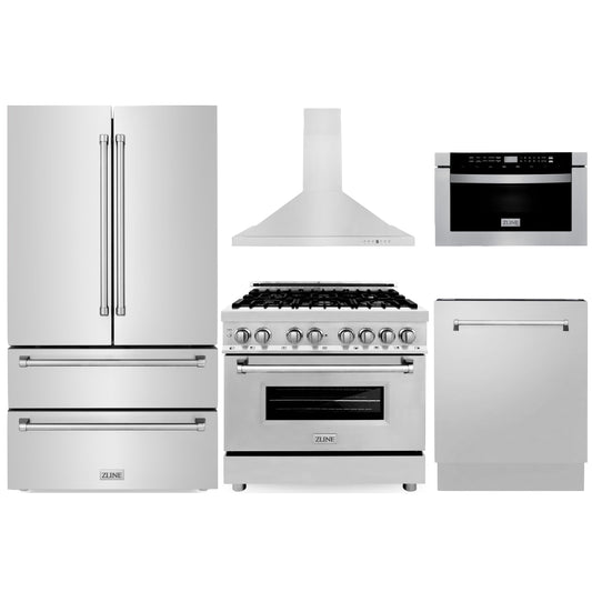 ZLINE 5-Piece Appliance Package - 36" Dual Fuel Range, 36" Refrigerator, Convertible Wall Mount Hood, Microwave Drawer, and 3-Rack Dishwasher in Stainless Steel (5KPR-RARH36-MWDWV)