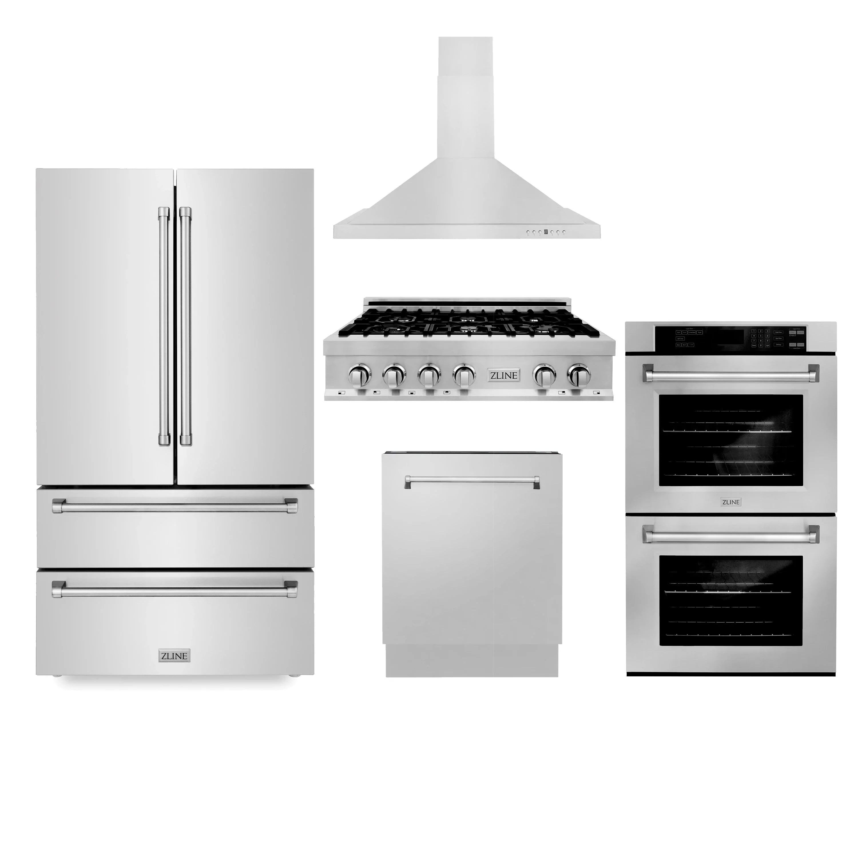 ZLINE 5-Piece Appliance Package - 36" Rangetop, 36" Refrigerator, 30" Electric Double Wall Oven, 3-Rack Dishwasher, and Convertible Wall Mount Hood in Stainless Steel (5KPR-RTRH36-AWDDWV)