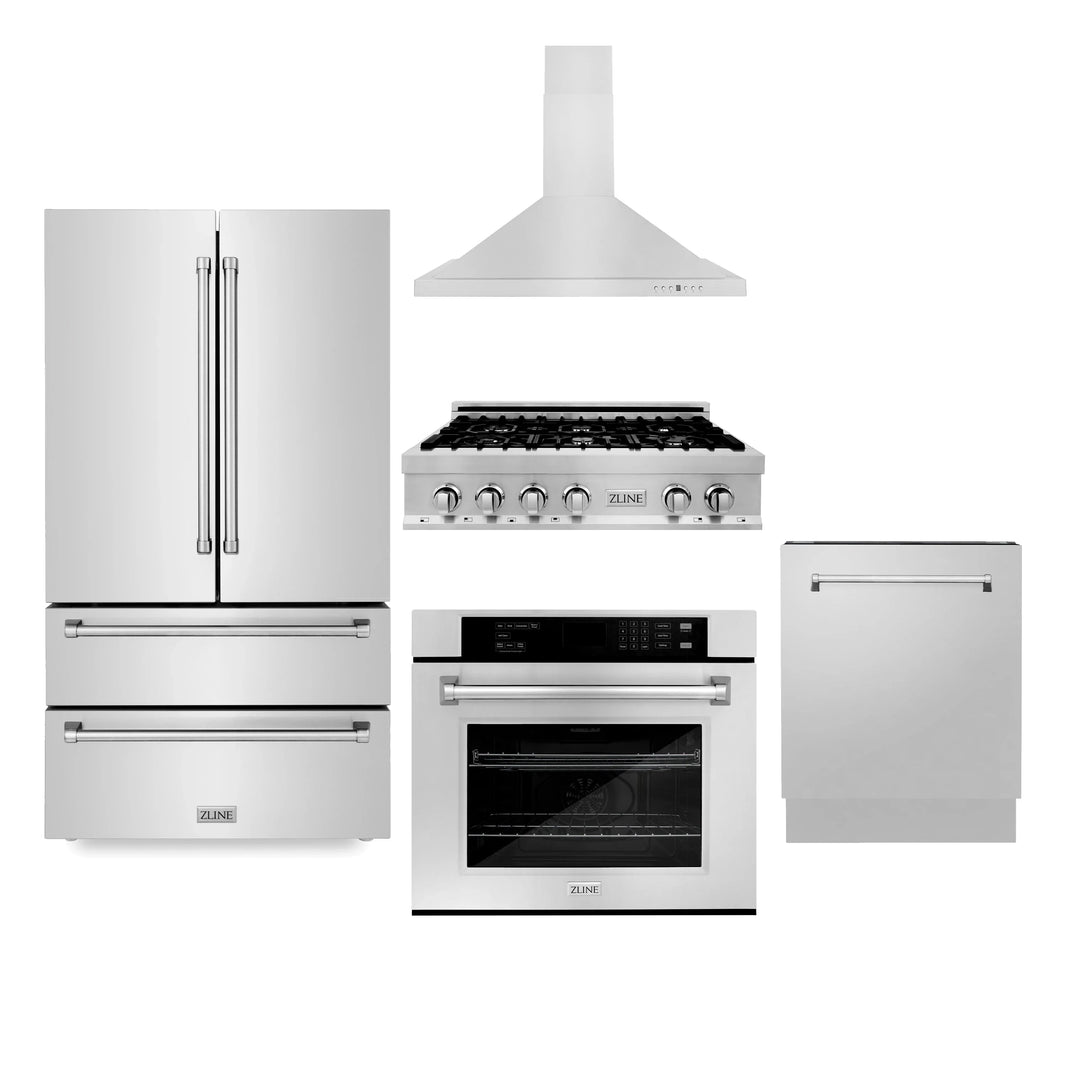 ZLINE 5-Piece Appliance Package - 36" Rangetop, 36" Refrigerator, 30" Electric Wall Oven, 3-Rack Dishwasher, and Convertible Wall Mount Hood in Stainless Steel (5KPR-RTRH36-AWSDWV)