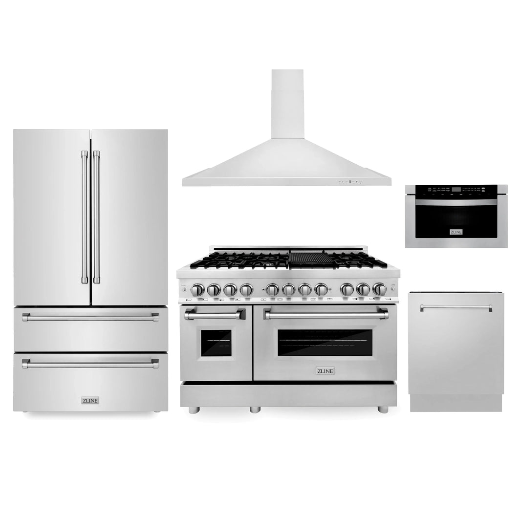 ZLINE 5-Piece Appliance Package - 48" Dual Fuel Range, 36" Refrigerator, Convertible Wall Mount Hood, Microwave Drawer, and 3-Rack Dishwasher in Stainless Steel (5KPR-RARH48-MWDWV)