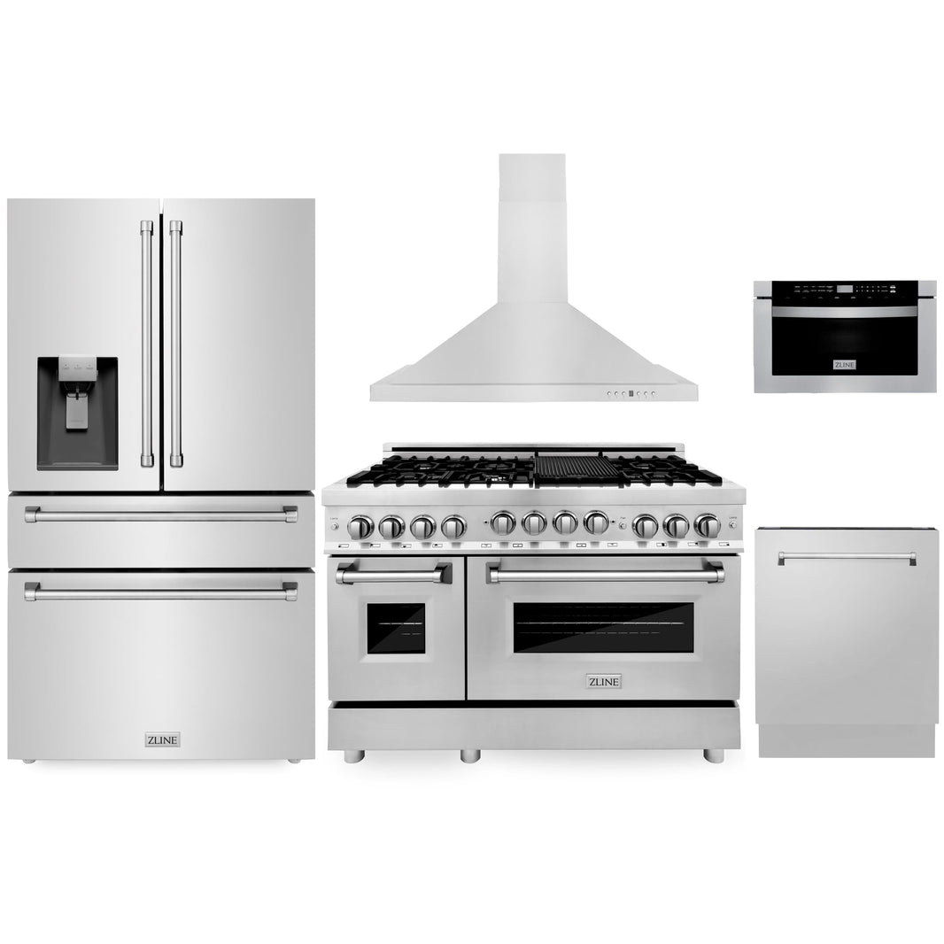 ZLINE 5-Piece Appliance Package - 48-Inch Dual Fuel Range, Refrigerator with Water Dispenser, Convertible Wall Mount Hood, Microwave Drawer, and 3-Rack Dishwasher in Stainless Steel (5KPRW-RARH48-MWDWV)