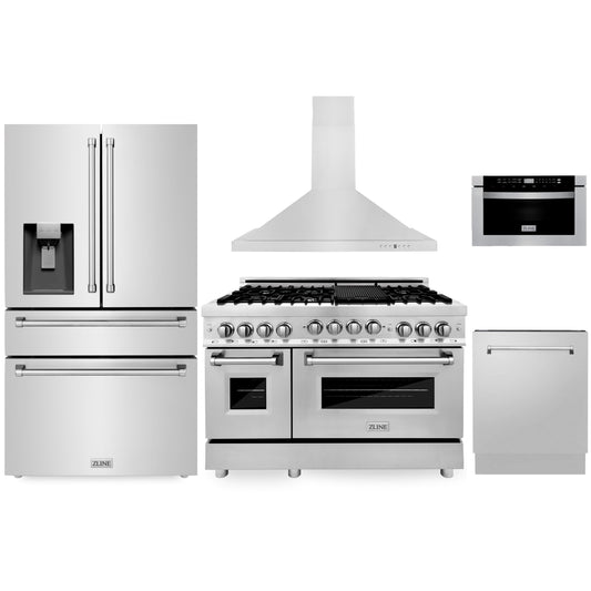 ZLINE 5-Piece Appliance Package - 48-Inch Dual Fuel Range, Refrigerator with Water Dispenser, Convertible Wall Mount Hood, Microwave Drawer, and 3-Rack Dishwasher in Stainless Steel (5KPRW-RARH48-MWDWV)