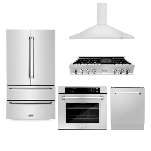 ZLINE 5-Piece Appliance Package - 48" Rangetop, 36" Refrigerator, 30" Electric Wall Oven, 3-Rack Dishwasher, and Convertible Wall Mount Hood in Stainless Steel (5KPR-RTRH48-AWSDWV)