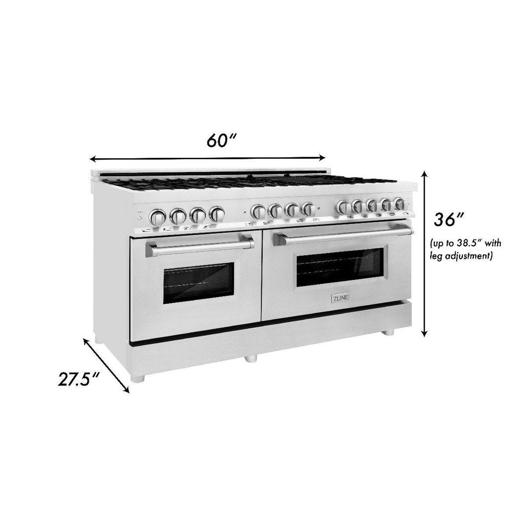 ZLINE 5-Piece Appliance Package - 60" Dual Fuel Range, 36" Refrigerator, Convertible Wall Mount Hood, Microwave Drawer, and 3-Rack Dishwasher in Stainless Steel (5KPR-RARH60-MWDWV)