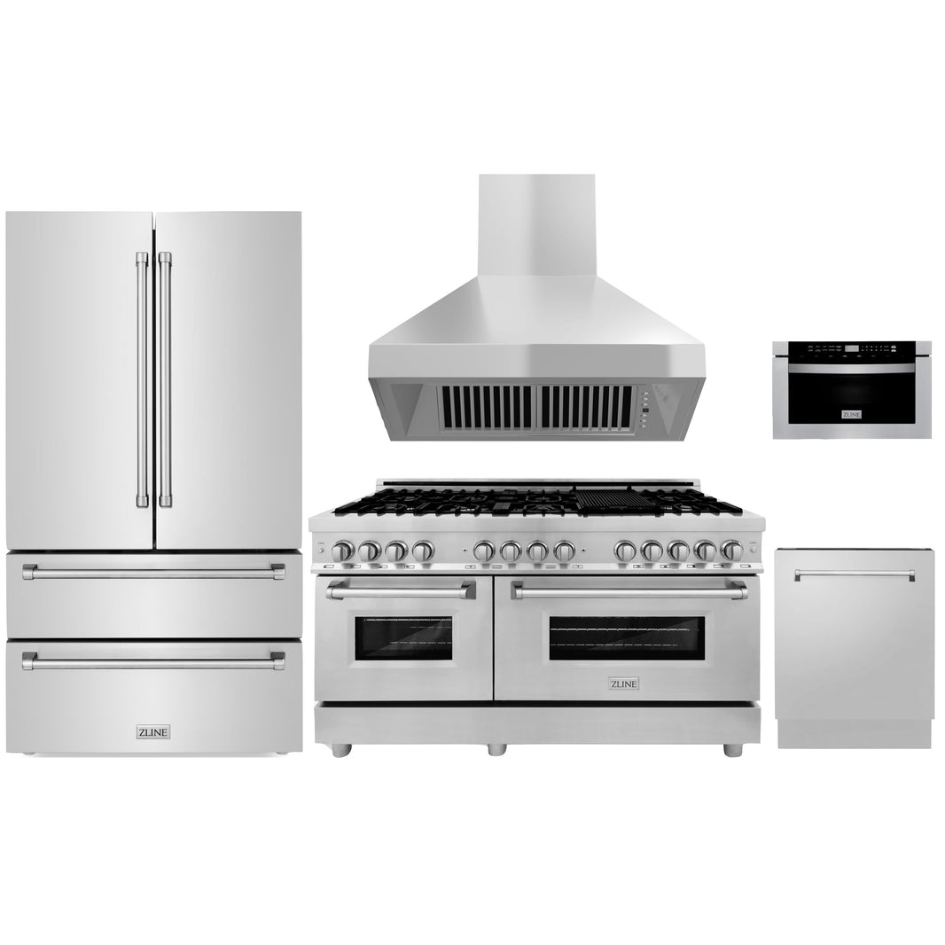 ZLINE 5-Piece Appliance Package - 60" Dual Fuel Range, 36" Refrigerator, Convertible Wall Mount Hood, Microwave Drawer, and 3-Rack Dishwasher in Stainless Steel (5KPR-RARH60-MWDWV)