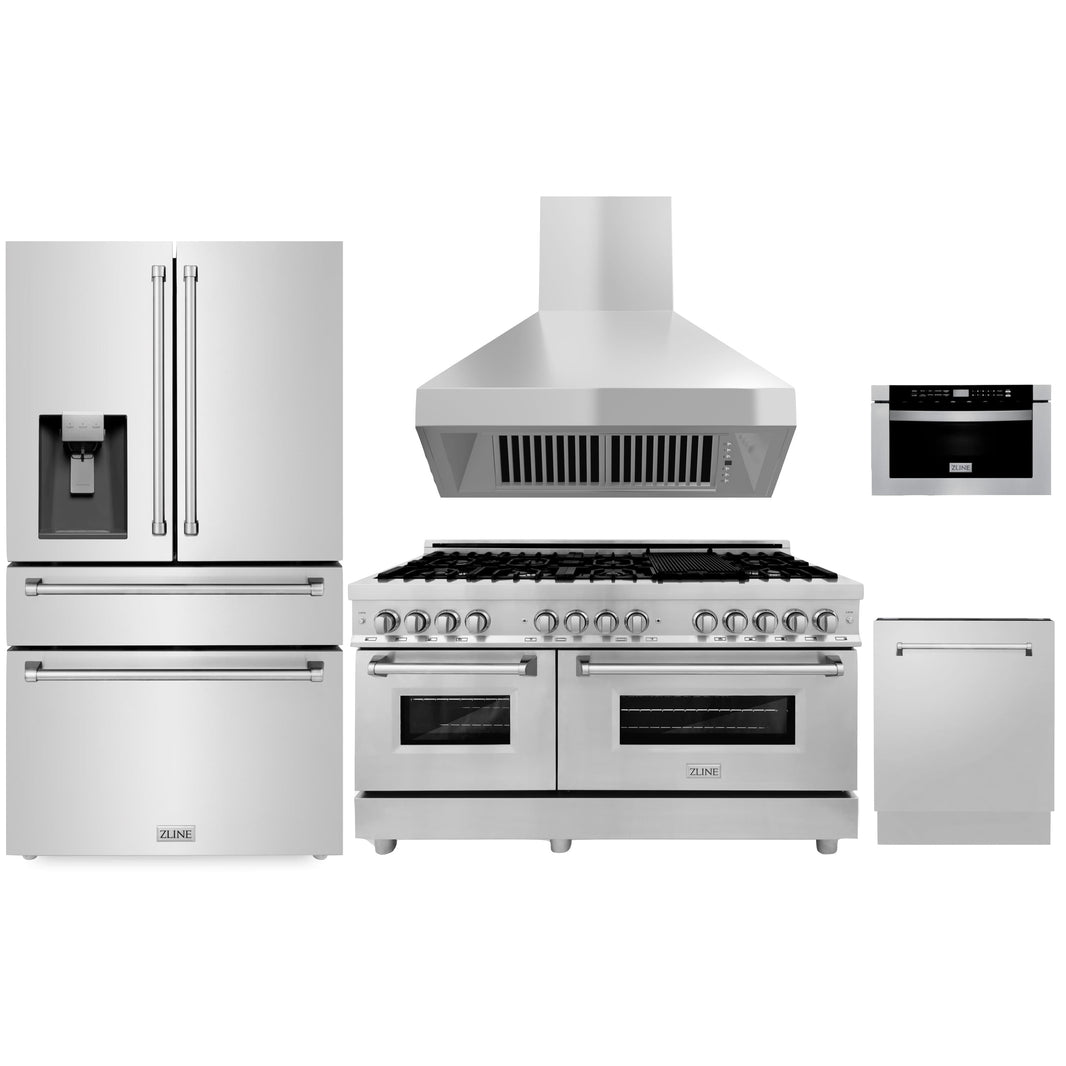 ZLINE 5-Piece Appliance Package - 60-Inch Dual Fuel Range, Refrigerator with Water Dispenser, Convertible Wall Mount Hood, Microwave Drawer, and 3-Rack Dishwasher in Stainless Steel (5KPRW-RARH60-MWDWV)