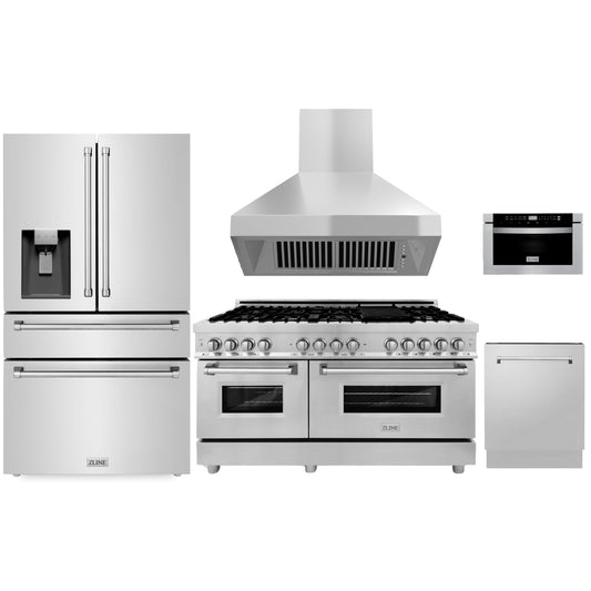 ZLINE 5-Piece Appliance Package - 60-Inch Dual Fuel Range, Refrigerator with Water Dispenser, Convertible Wall Mount Hood, Microwave Drawer, and 3-Rack Dishwasher in Stainless Steel (5KPRW-RARH60-MWDWV)