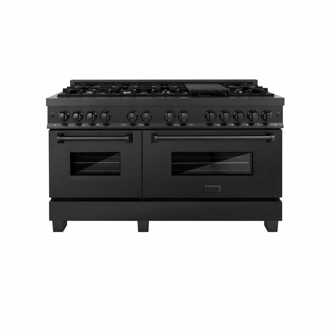 ZLINE 60-Inch 7.4 cu. ft. Dual Fuel Range with Gas Stove and Electric Oven in Black Stainless Steel with Brass Burners (RAB-60)