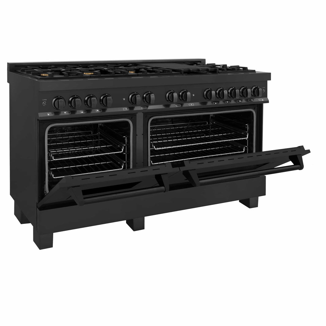 ZLINE 60-Inch 7.4 cu. ft. Dual Fuel Range with Gas Stove and Electric Oven in Black Stainless Steel with Brass Burners (RAB-60)