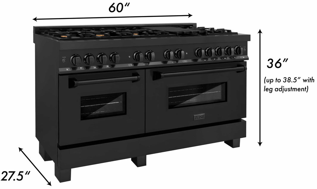 ZLINE 60-Inch 7.4 cu. ft. Dual Fuel Range with Gas Stove and Electric Oven in Black Stainless Steel with Brass Burners (RAB-60)