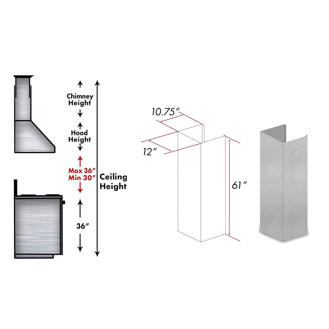 ZLINE 61-Inch DuraSnow® Stainless Steel Chimney Extension For Ceilings Up To 12.5 Ft. (8KL3iS-E)