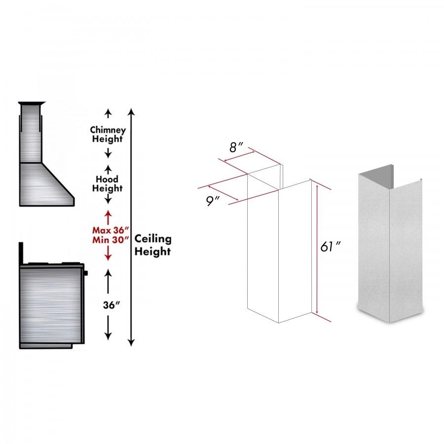 ZLINE 61-Inch DuraSnow Finished Stainless Steel Chimney Extension for Ceilings up to 12.5 ft. (8KL3S-E)