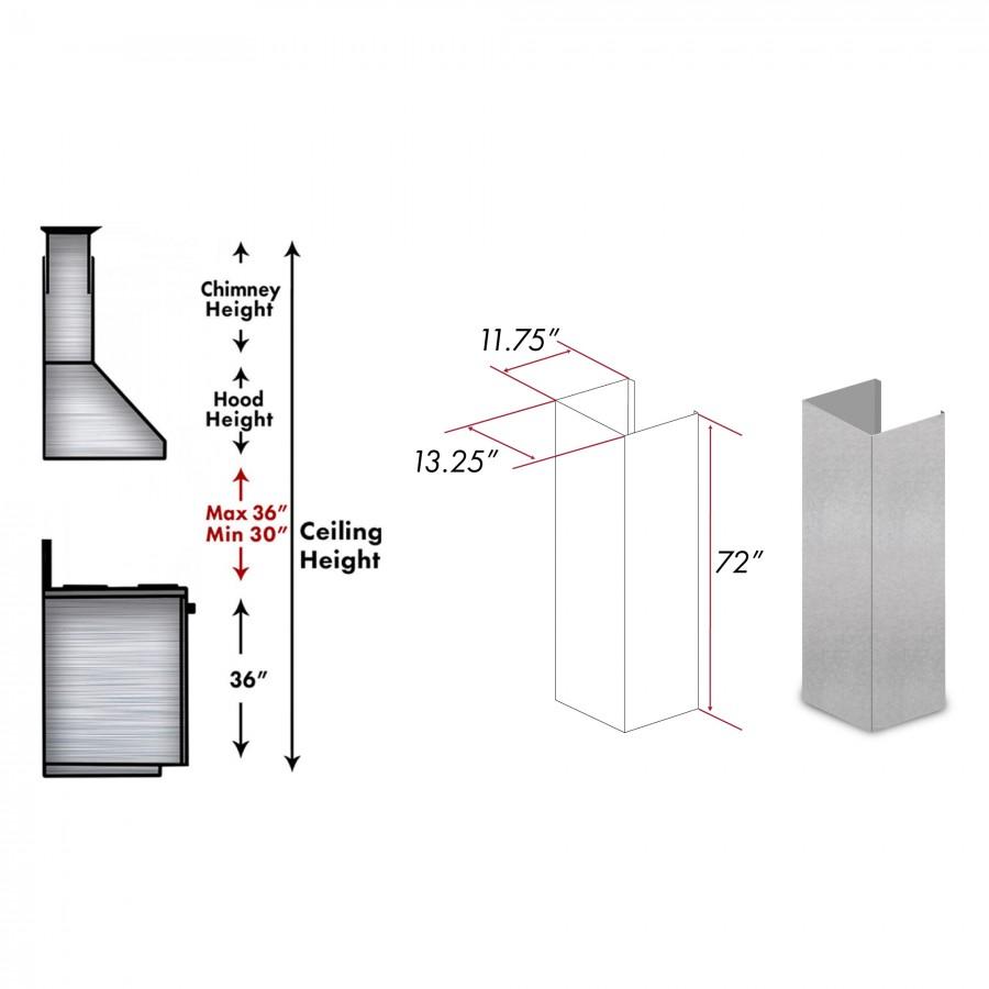 ZLINE 61-Inch DuraSnow® Stainless Steel Extended Chimney and Crown for Ceilings up to 12.5 Ft (8654-E)