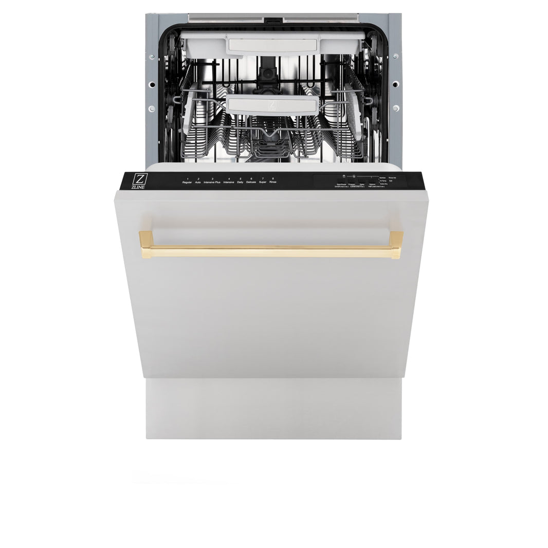 ZLINE Autograph Edition 18" Compact 3rd Rack Top Control Dishwasher in Stainless Steel with Gold Handle, 51dBa (DWVZ-304-18-G)