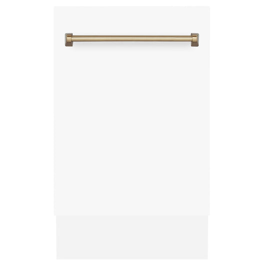 ZLINE Autograph Edition 18" Compact 3rd Rack Top Control Dishwasher in White Matte with Champagne Bronze Handle, 51dBa (DWVZ-WM-18-CB)