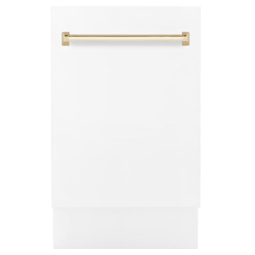 ZLINE Autograph Edition 18" Compact 3rd Rack Top Control Dishwasher in White Matte with Gold Handle, 51dBa (DWVZ-WM-18-G)