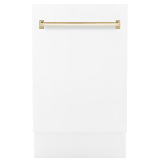 ZLINE Autograph Edition 18" Compact 3rd Rack Top Control Dishwasher in White Matte with Gold Handle, 51dBa (DWVZ-WM-18-G)