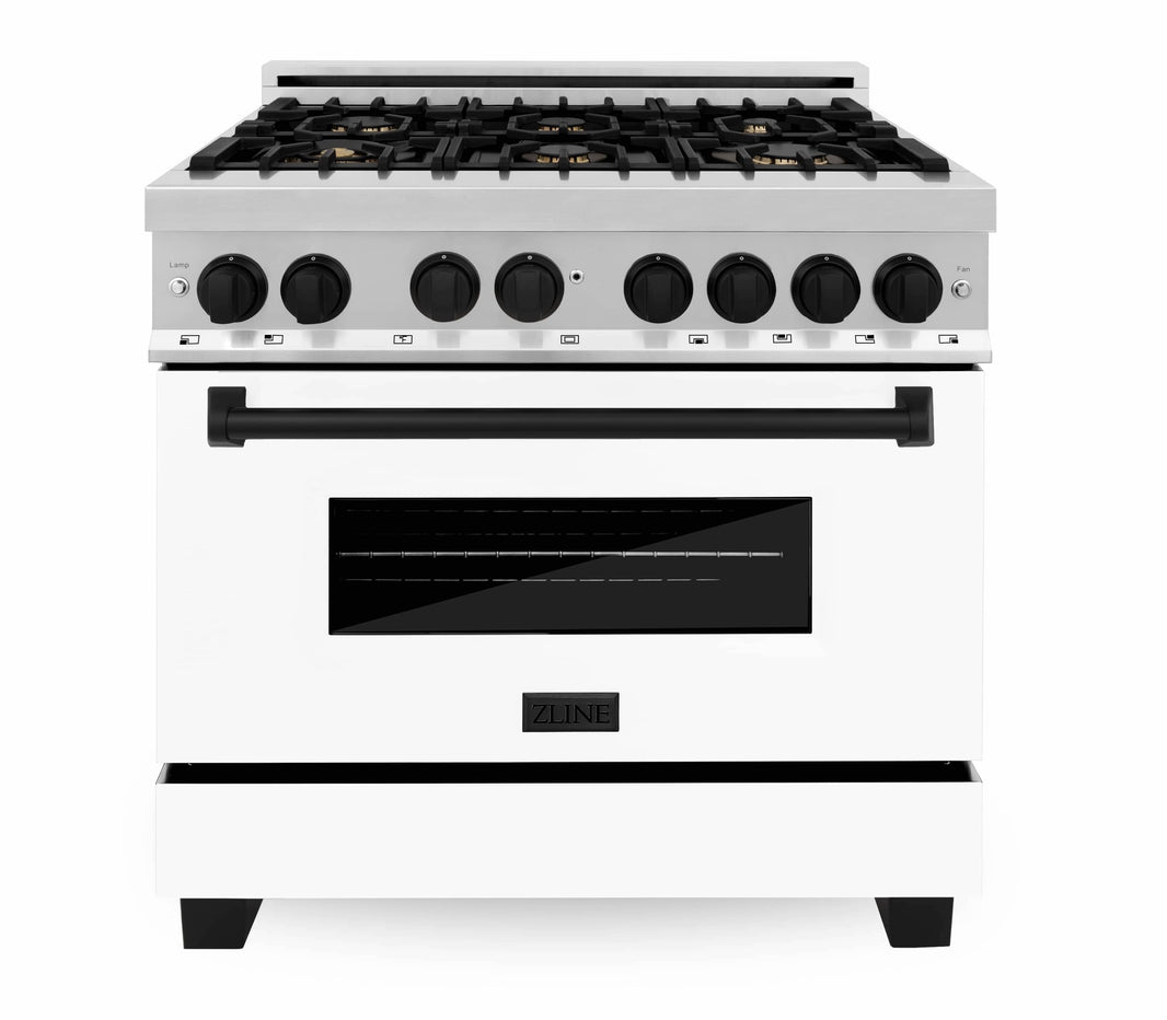 ZLINE Autograph Edition 2-Piece Appliance Package - 36" Dual Fuel Range & Wall Mounted Range Hood in Stainless Steel and White Door with Matte Black Trim (2AKP-RAWMRH36-MB)