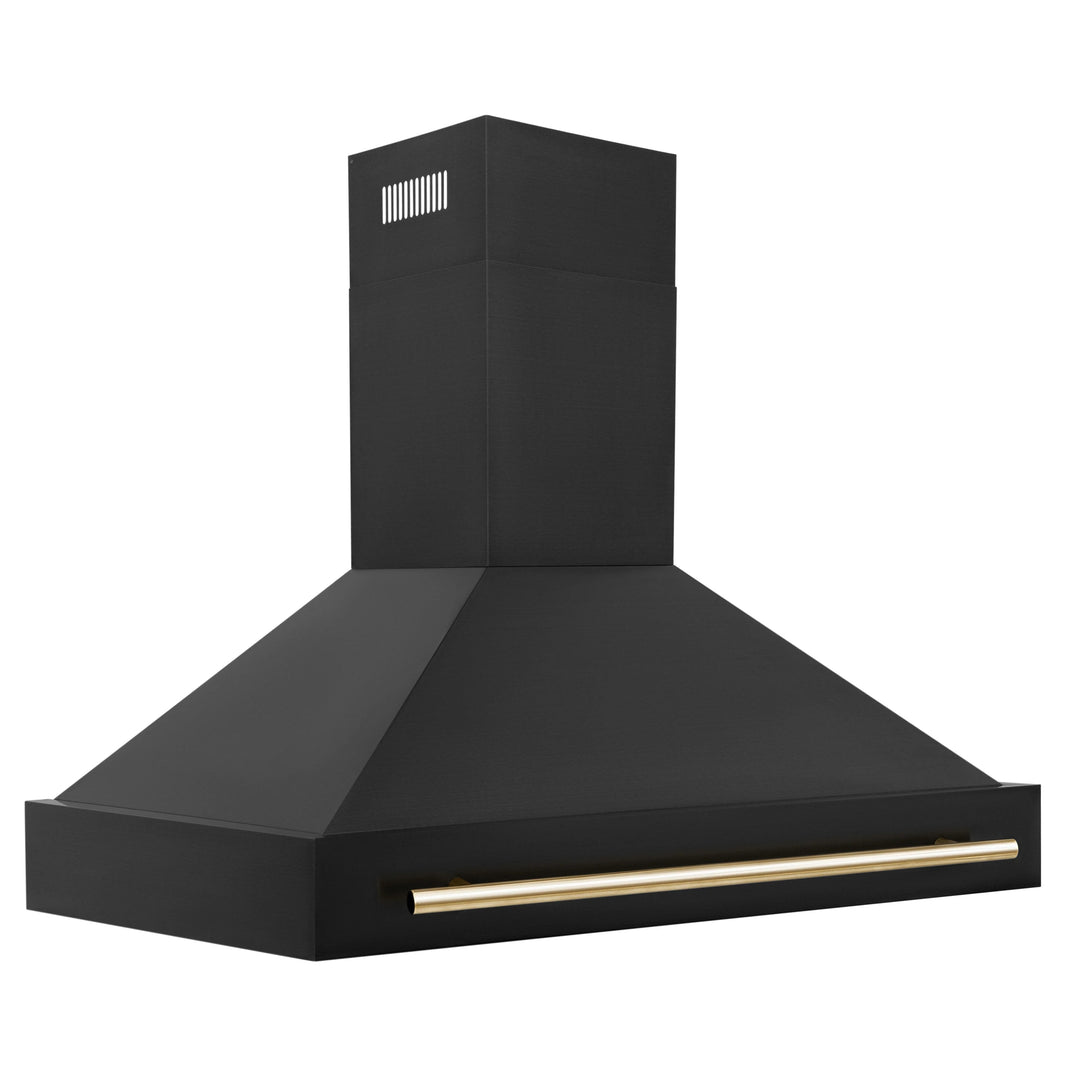 ZLINE Autograph Edition 2-Piece Appliance Package - 48" Dual Fuel Range & Wall Mounted Range Hood in Black Stainless Steel with Gold Trim (2AKP-RABRH48-G)