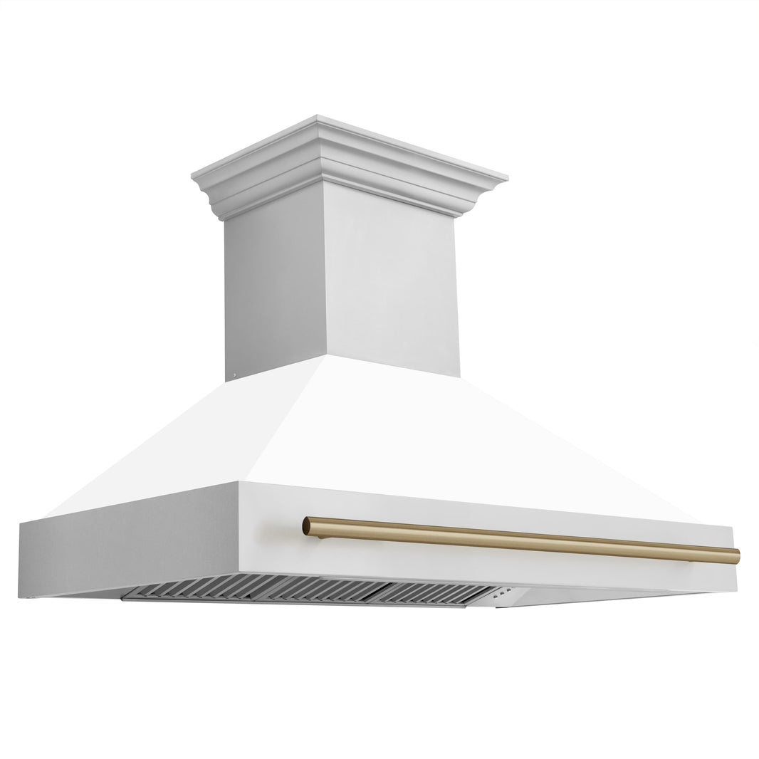 ZLINE Autograph Edition 2-Piece Appliance Package - 48" Dual Fuel Range & Wall Mounted Range Hood in Stainless Steel and White Door with Champagne Bronze Trim (2AKP-RAWMRH48-CB)