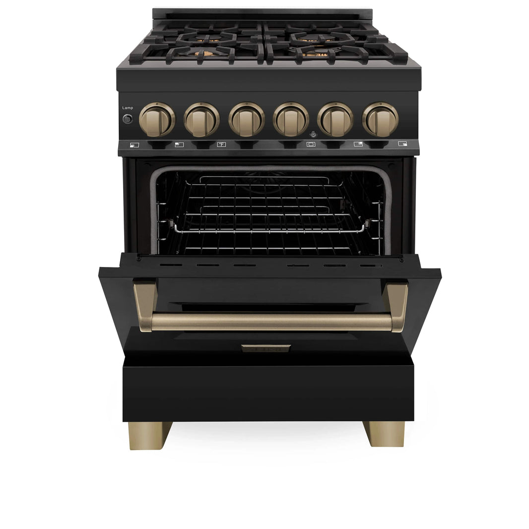 ZLINE Autograph Edition 24-Inch 2.8 cu. ft. Dual Fuel Range with Gas Stove and Electric Oven in Black Stainless Steel with Champagne Bronze Accents (RABZ-24-CB)