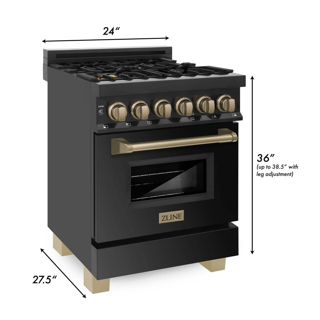 ZLINE Autograph Edition 24-Inch 2.8 cu. ft. Dual Fuel Range with Gas Stove and Electric Oven in Black Stainless Steel with Champagne Bronze Accents (RABZ-24-CB)