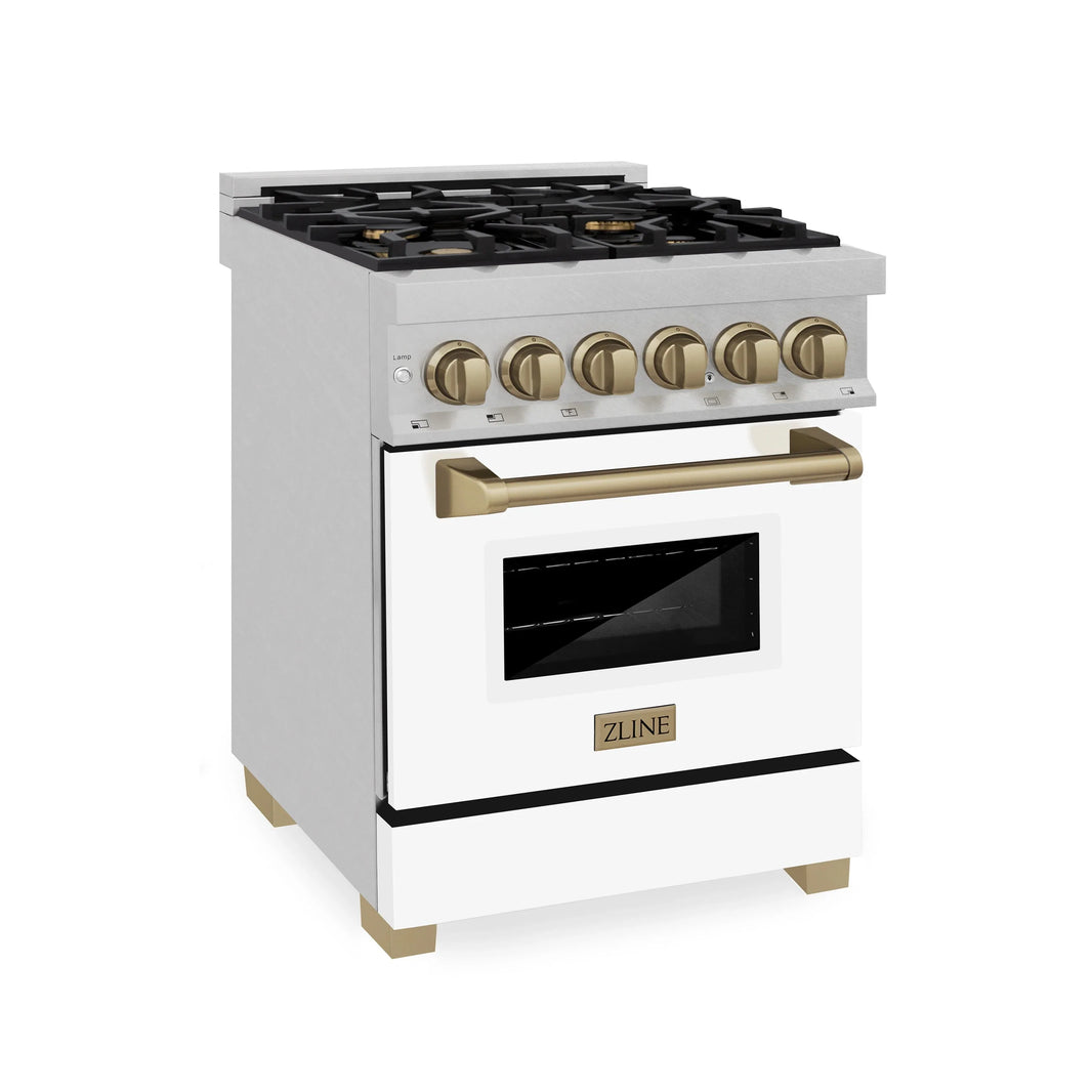 ZLINE Autograph Edition 24-Inch 2.8 cu. ft. Dual Fuel Range with Gas Stove and Electric Oven in DuraSnow® Stainless Steel with White Matte Door and Champagne Bronze Accents (RASZ-WM-24-CB)