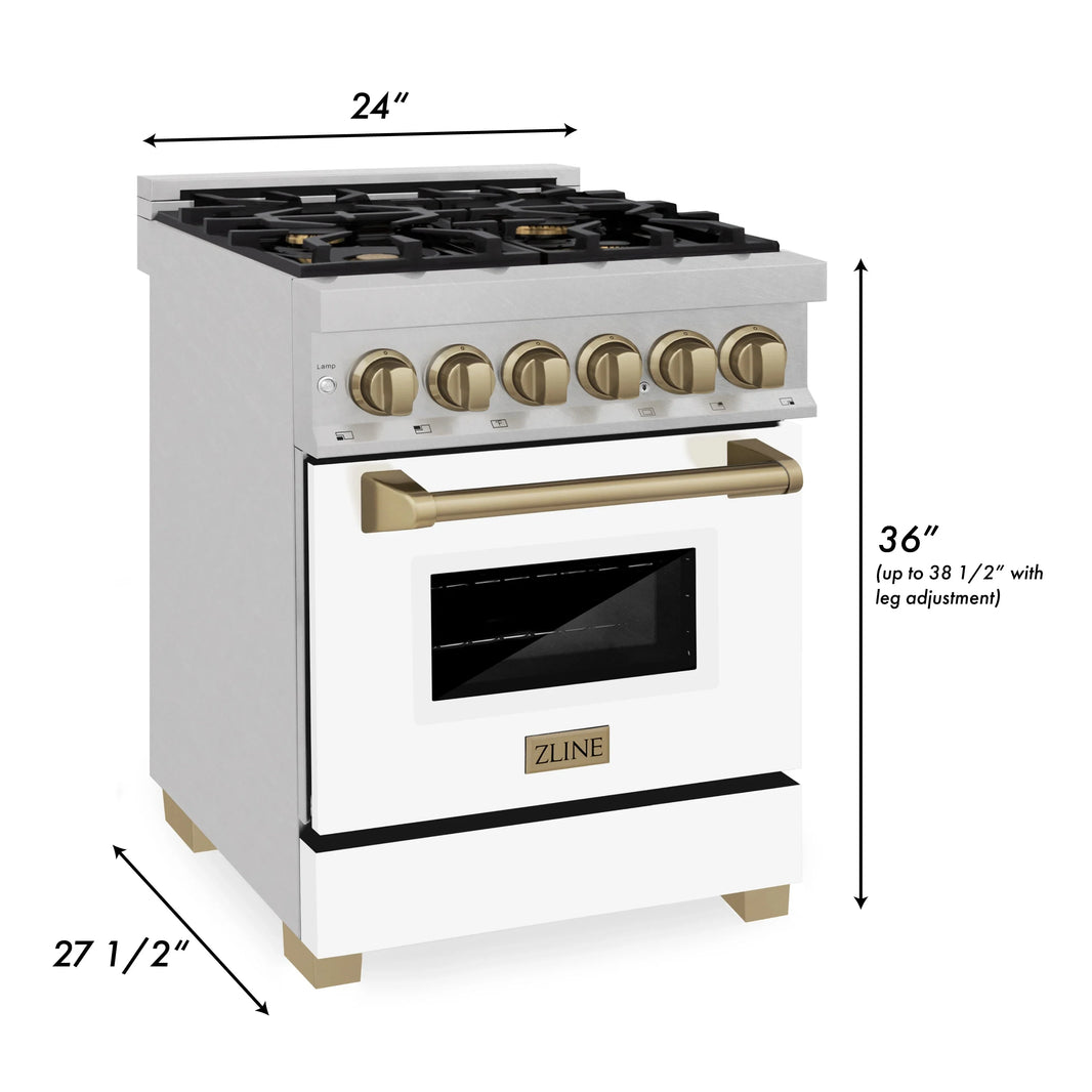 ZLINE Autograph Edition 24-Inch 2.8 cu. ft. Dual Fuel Range with Gas Stove and Electric Oven in DuraSnow® Stainless Steel with White Matte Door and Champagne Bronze Accents (RASZ-WM-24-CB)