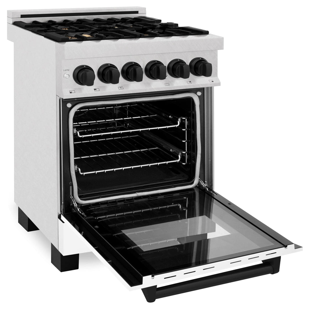 ZLINE Autograph Edition 24-Inch 2.8 cu. ft. Dual Fuel Range with Gas Stove and Electric Oven in DuraSnow® Stainless Steel with White Matte Door and Matte Black Accents (RASZ-WM-24-MB)