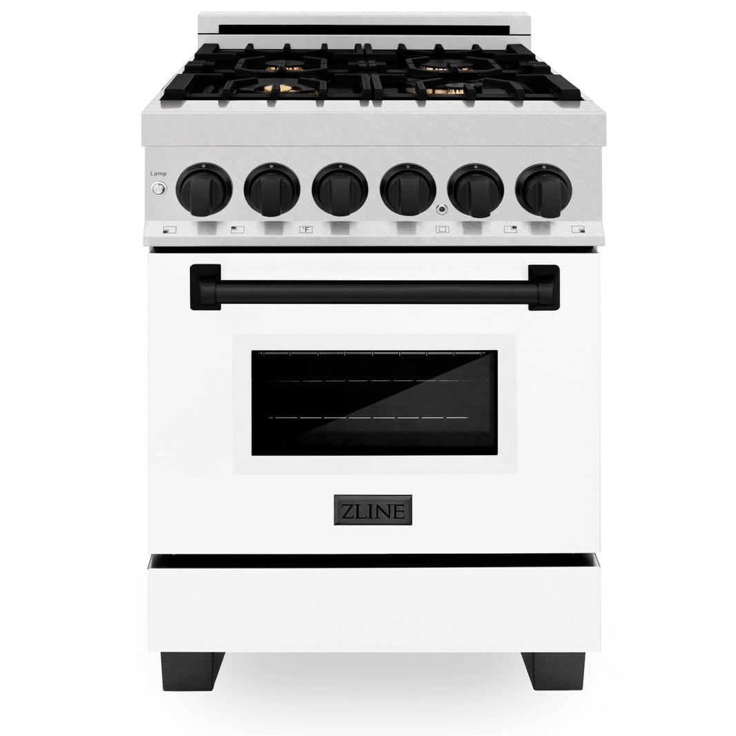 ZLINE Autograph Edition 24-Inch 2.8 cu. ft. Dual Fuel Range with Gas Stove and Electric Oven in DuraSnow® Stainless Steel with White Matte Door and Matte Black Accents (RASZ-WM-24-MB)