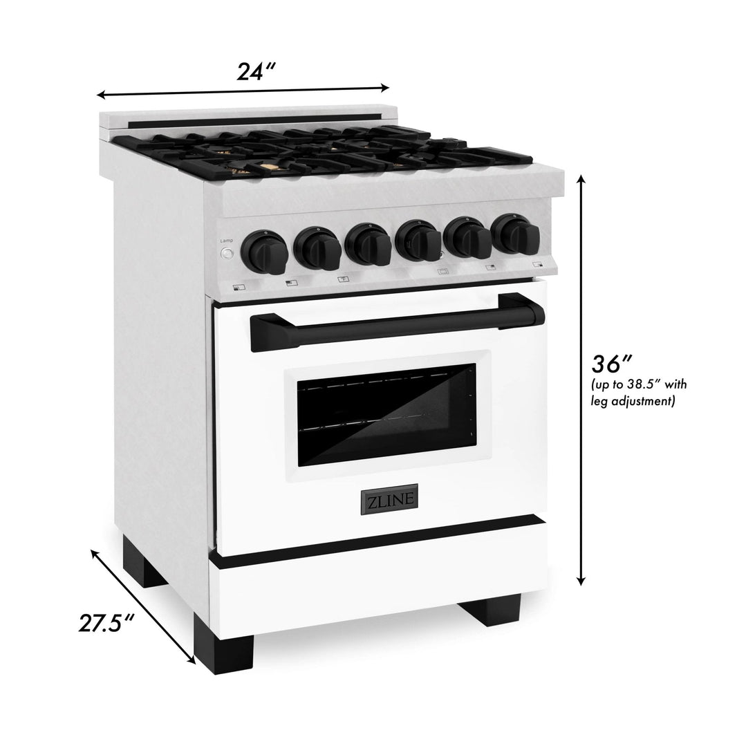 ZLINE Autograph Edition 24-Inch 2.8 cu. ft. Dual Fuel Range with Gas Stove and Electric Oven in DuraSnow® Stainless Steel with White Matte Door and Matte Black Accents (RASZ-WM-24-MB)