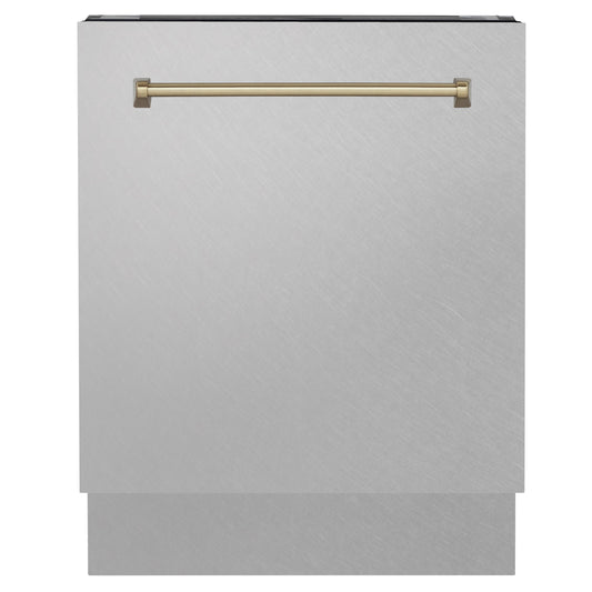 ZLINE Autograph Edition 24" 3rd Rack Top Control Tall Tub Dishwasher in DuraSnow Stainless Steel with Champagne Bronze Handle, 51dBa (DWVZ-SN-24-CB)