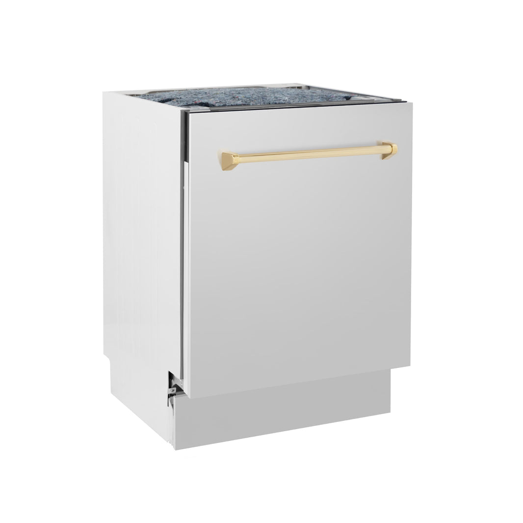 ZLINE Autograph Edition 24" 3rd Rack Top Control Tall Tub Dishwasher in Stainless Steel with Gold Handle, 51dBa (DWVZ-304-24-G)