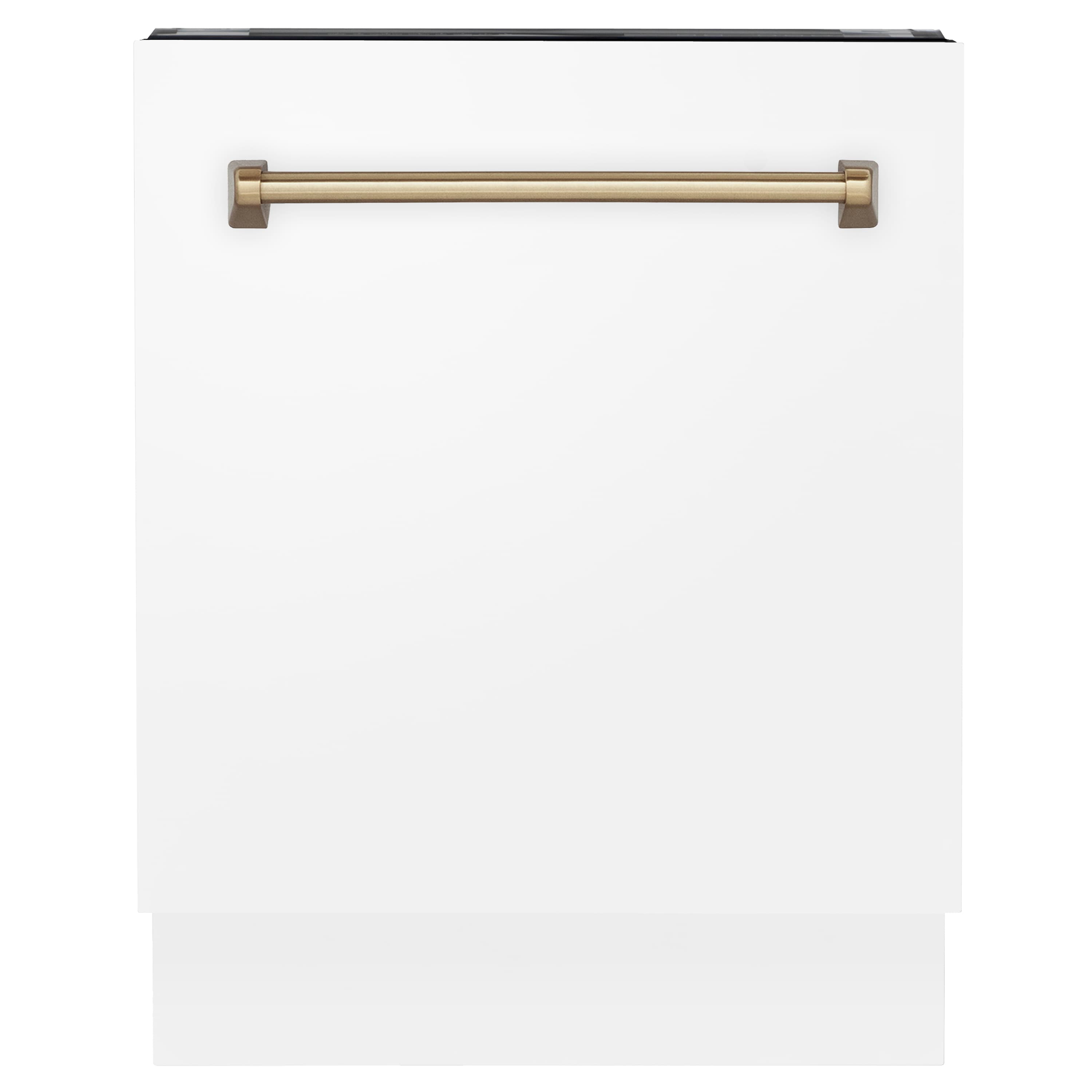 ZLINE Autograph Edition 24" 3rd Rack Top Control Tall Tub Dishwasher in White Matte with Champagne Bronze Handle, 51dBa (DWVZ-WM-24-CB)