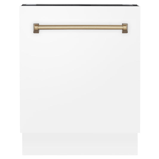 ZLINE Autograph Edition 24" 3rd Rack Top Control Tall Tub Dishwasher in White Matte with Champagne Bronze Handle, 51dBa (DWVZ-WM-24-CB)