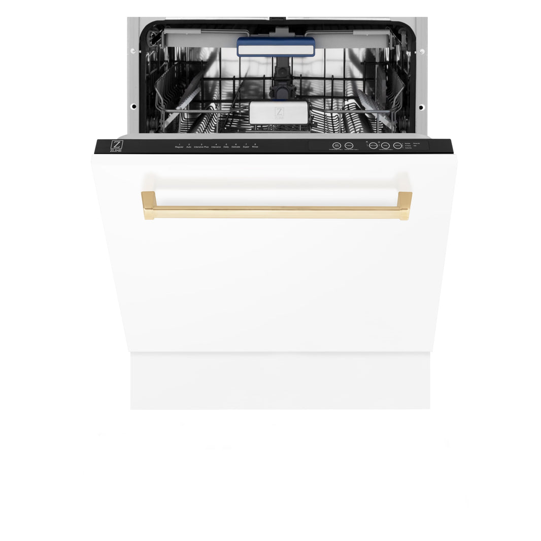 ZLINE Autograph Edition 24" 3rd Rack Top Control Tall Tub Dishwasher in White Matte with Gold Handle, 51dBa (DWVZ-WM-24-G)