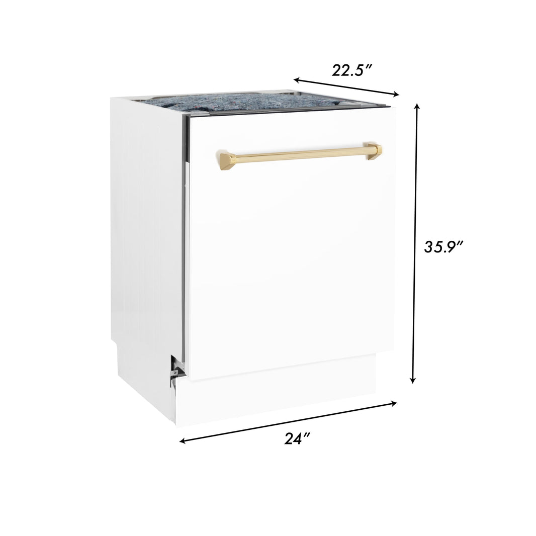 ZLINE Autograph Edition 24" 3rd Rack Top Control Tall Tub Dishwasher in White Matte with Gold Handle, 51dBa (DWVZ-WM-24-G)