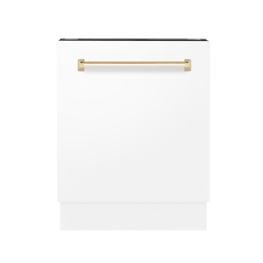 ZLINE Autograph Edition 24" 3rd Rack Top Control Tall Tub Dishwasher in White Matte with Gold Handle, 51dBa (DWVZ-WM-24-G)