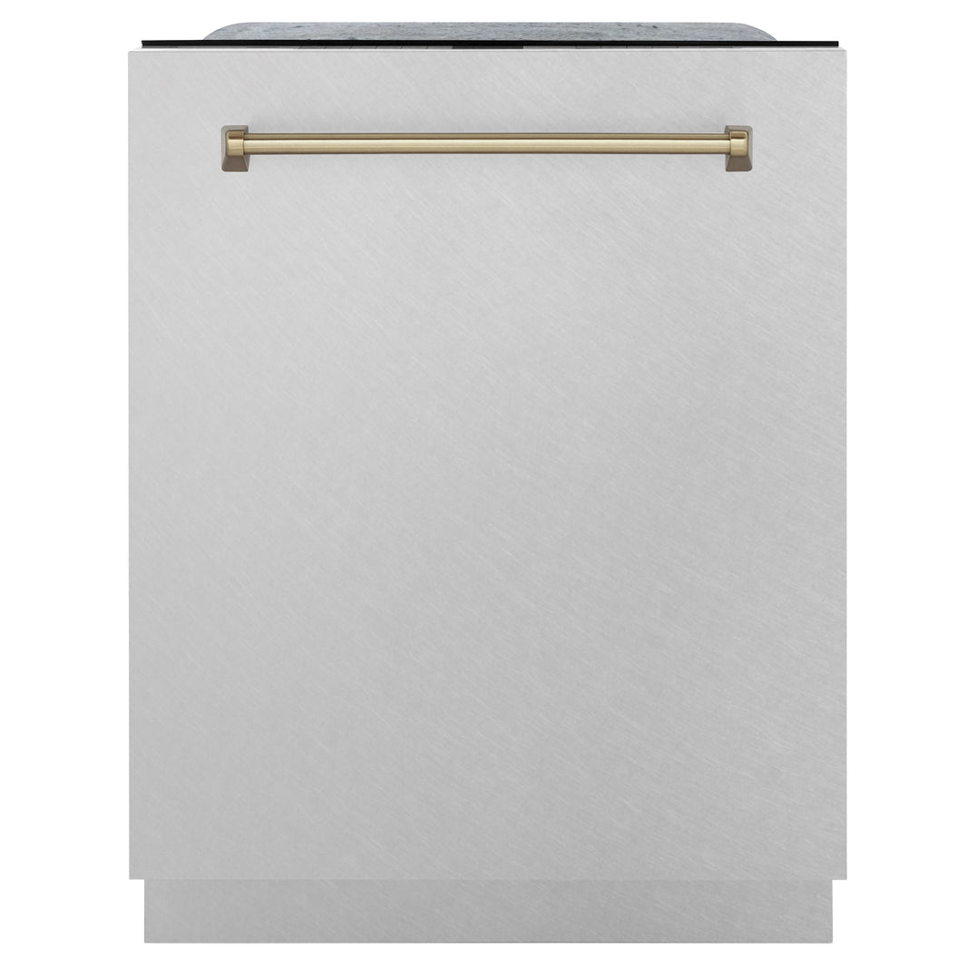 ZLINE Autograph Edition 24" 3rd Rack Top Touch Control Tall Tub Dishwasher in DuraSnow Stainless Steel with Champagne Bronze Handle, 45 dBa (DWMTZ-SN-24-CB)