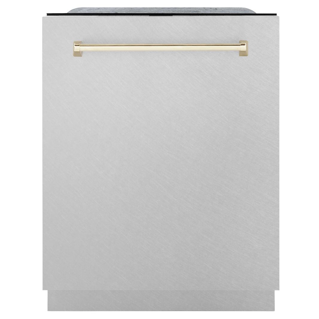 ZLINE Autograph Edition 24-Inch 3rd Rack Top Touch Control  Dishwasher in DuraSnow Stainless Steel with Gold Handle, 45 dBa (DWMTZ-SN-24-G)