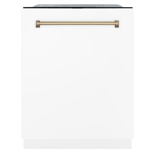 ZLINE Autograph Edition 24-Inch 3rd Rack Top Touch Control  Dishwasher in White Matte with Champagne Bronze Handle, 45 dBa (DWMTZ-WM-24-CB)