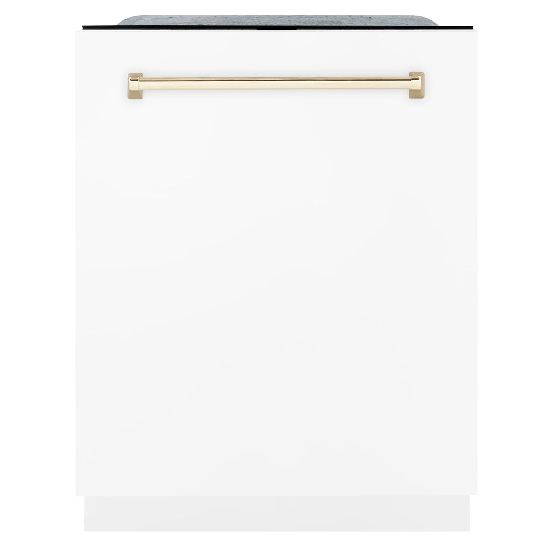 ZLINE Autograph Edition 24-Inch 3rd Rack Top Touch Control  Dishwasher in White Matte with Gold Handle, 45 dBa (DWMTZ-WM-24-G)