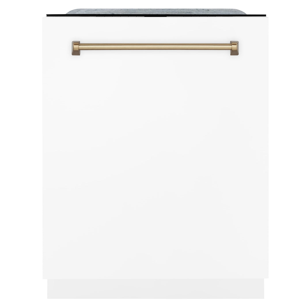 ZLINE Autograph Edition 3-Piece Appliance Package - 30" Dual Fuel Range, Wall Mounted Range Hood, & 24" Tall Tub Dishwasher in Stainless Steel and White Door with Champagne Bronze Trim (3AKP-RAWMRHDWM30-CB)