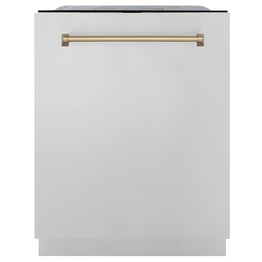 ZLINE Autograph Edition 4-Piece Appliance Package - 30" Dual Fuel Range, 36" Refrigerator, Wall Mounted Range Hood, & 24" Tall Tub Dishwasher in Stainless Steel with Champagne Bronze Trim (4KAPR-RARHDWM30-CB)